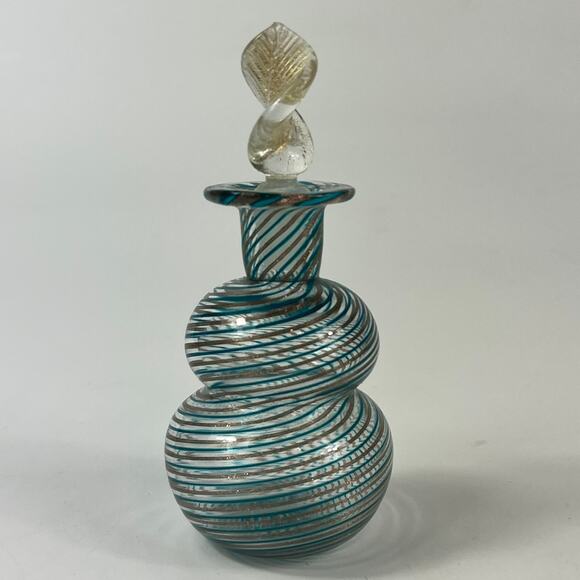 Venetian Murano Perfume Bottle Blue Gold Mouth Blown Fine Art Glass Handblown - Picture 2 of 13